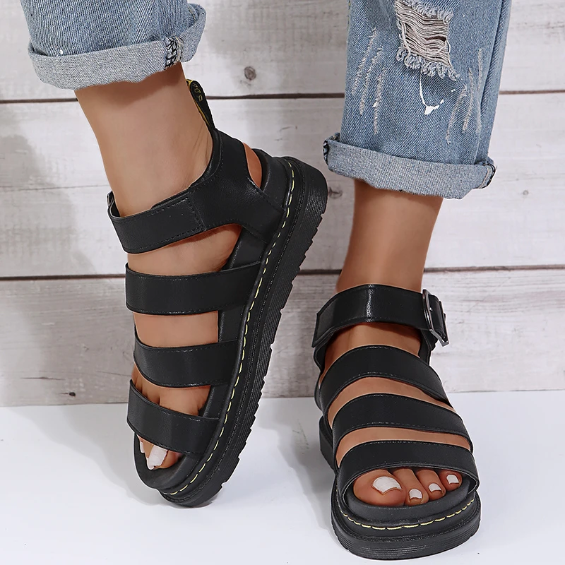 2024 Woman Flats Platform Summer Martens Shoes Soft Leather Casual Open Toe Thick Bottom Wedges Women Sandals