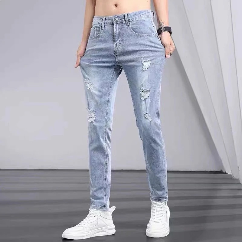 Boyfriend Daily Allmatch Pencil Distressed Jeans Men Casual Slim Fit Denim Pants N Leg Ripped Skinny Solid Trousers 240826Z