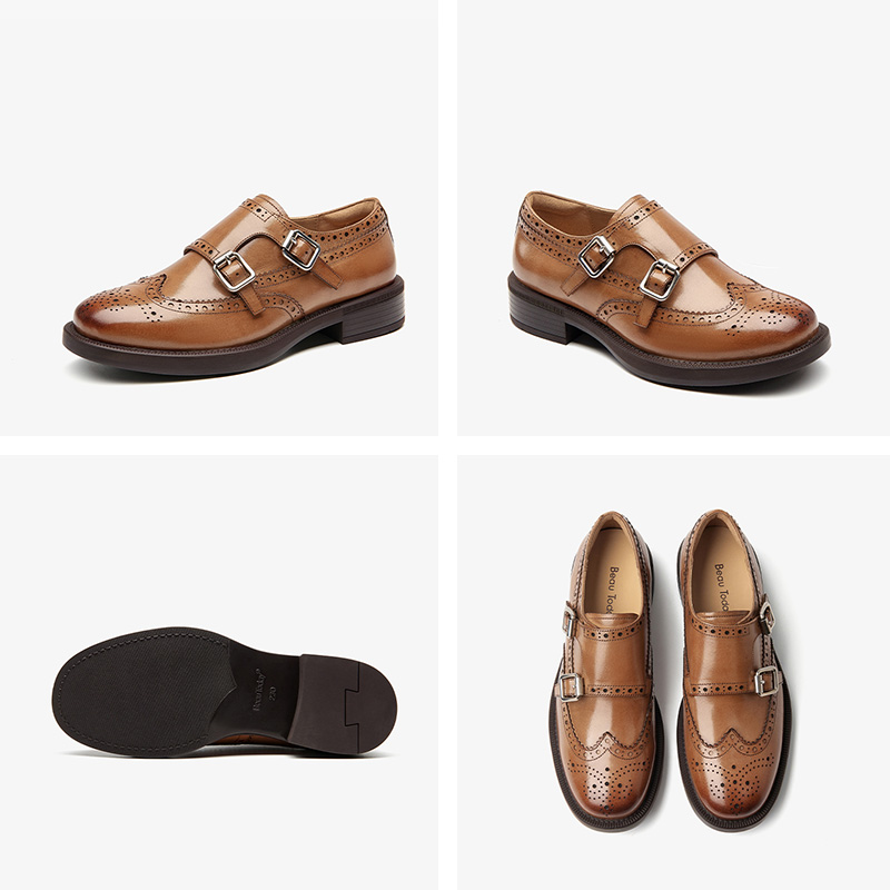 Women Leather Solid Color Brogue Flats Buckle Strap Round Toe Formal Dress Shoes for Ladies