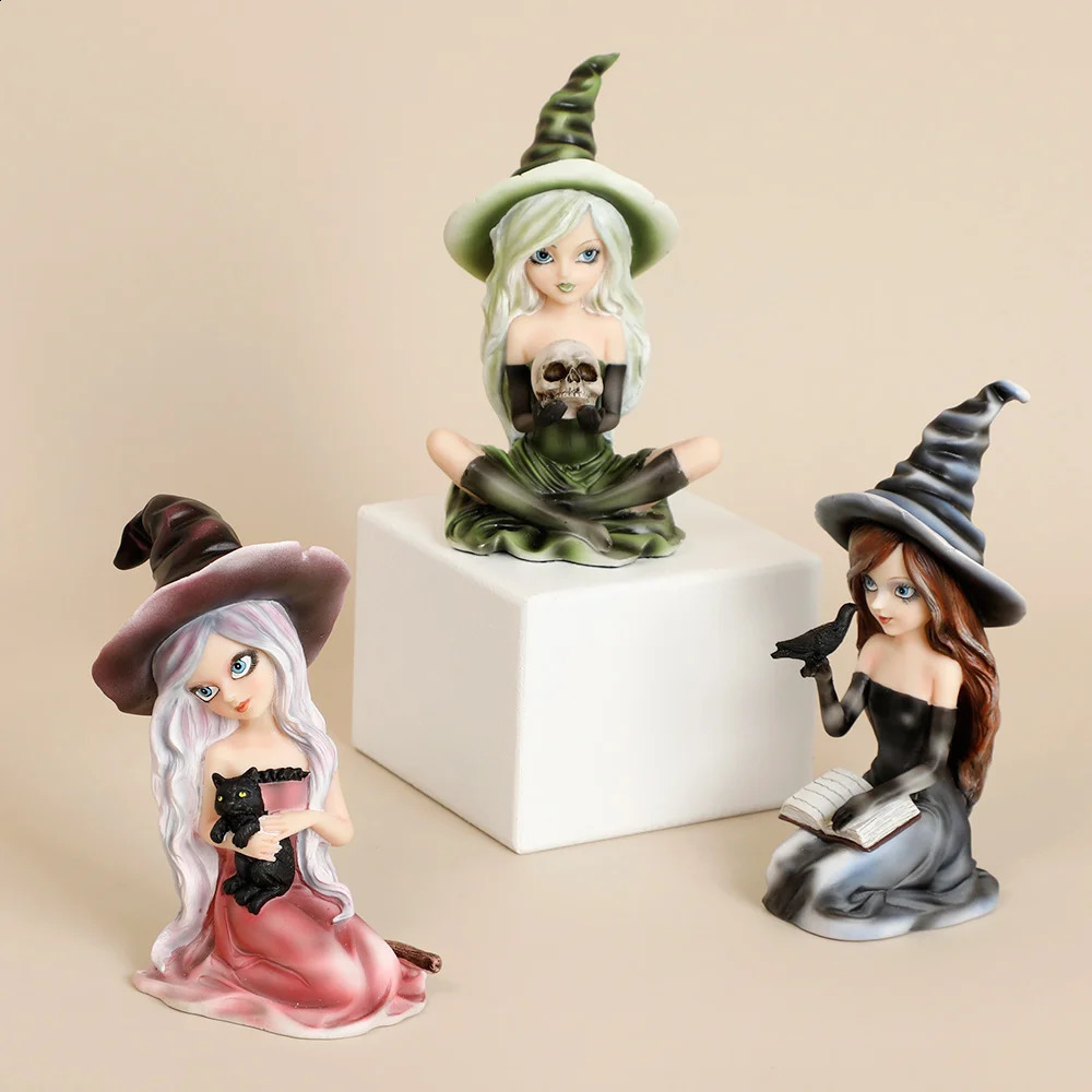 Witch Figurine with owl Halloween Decor Cat Witch Statue Black Cat Statue Witch home Decoration Sculpture Fairy Figure Gift 240830
