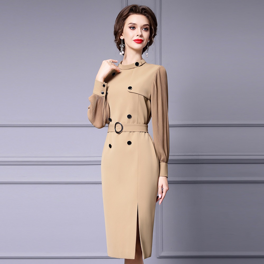 OC 413N57 Basic Casual Dresses Autumn and Winter Pleated Long Sleeved Womens Dress Shirt Commuting Skirt Customization Medium Length