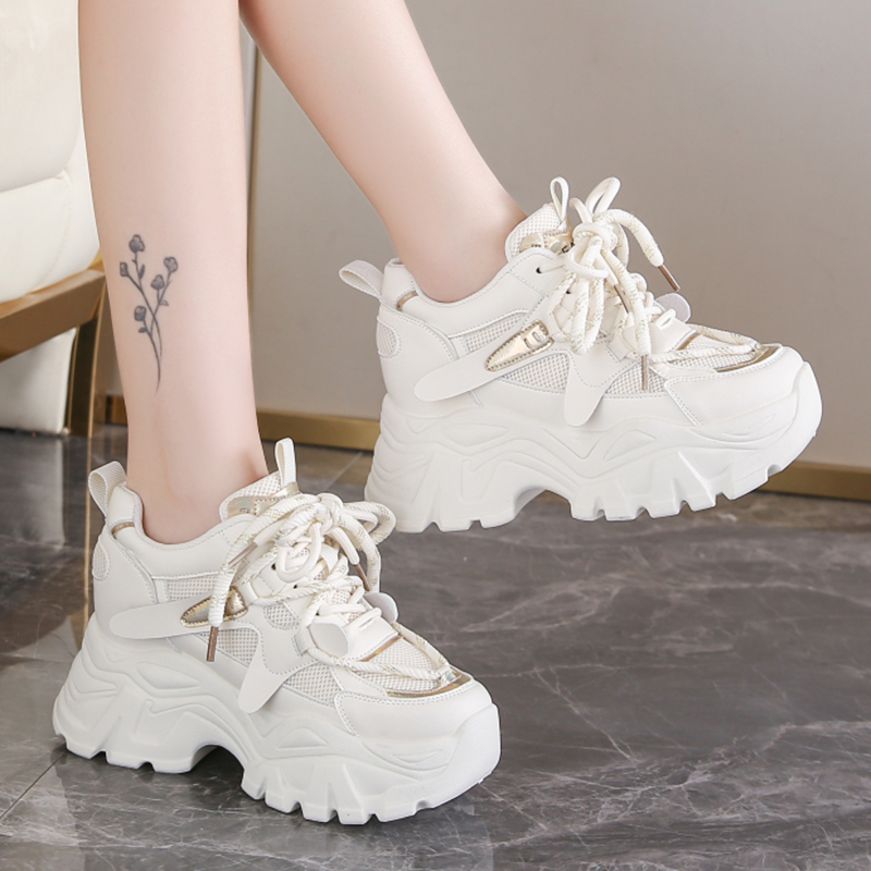 Women's Fashion White Chunky Sneakers Thick Bottom Lace Up Vulcanized Shoes Woman Non Slip Platform Sports Shoes for Lady