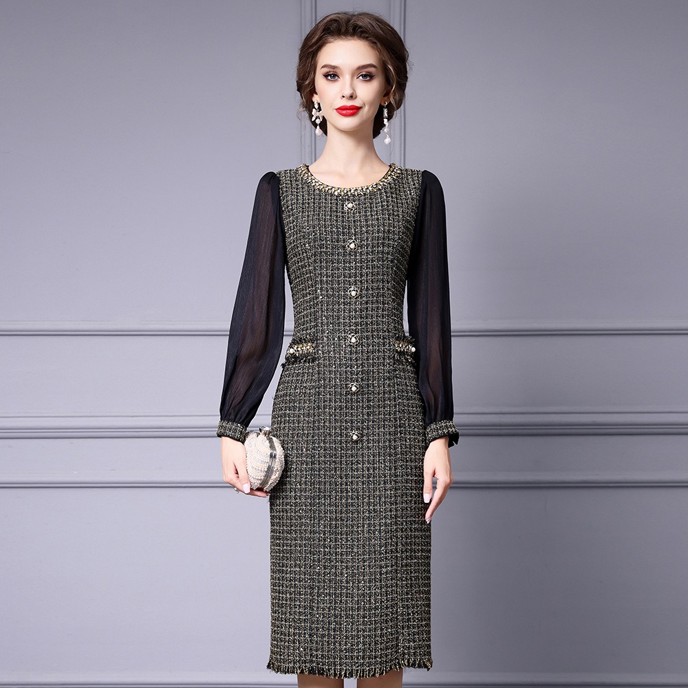 OC 409M90 Basic Casual Dresses Autumn and Winter Coarse Floral Woolen Commuting Skirt Customization Top Women's Dress Handmade Nail Drill