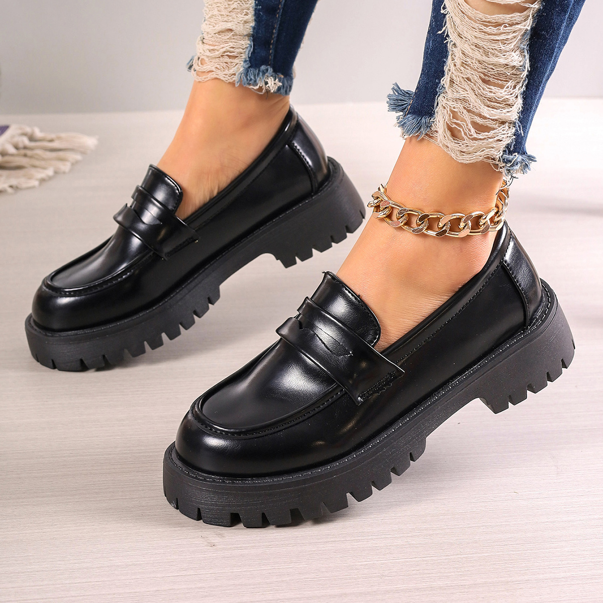 Rimocy Casual Platform Loafers Woman 2024 British Style Black Brown PU Leather Shoes for Women Comfort Slip On Flats Plus Size