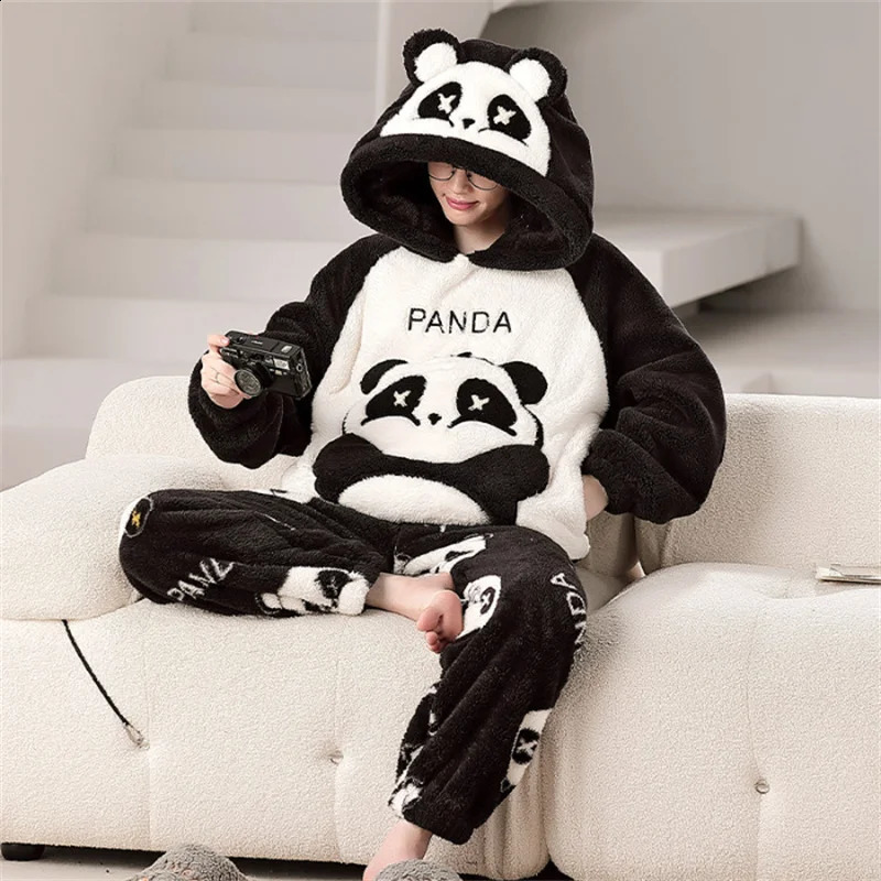 Mens Pajama Set Winter Cartoon Hooded Coral Velvet Pajama Thick Warm Home Set 5XL Large Comfortable Casual Clothing 240830 - view 5