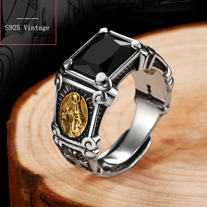 925 Sterling Silver Vintage Black Stone Virgin Mary Finger Ring for Men Women Open Cuff Band Rings Cubic Zirconia Onyx Jewelry Bijoux Birthday Christm