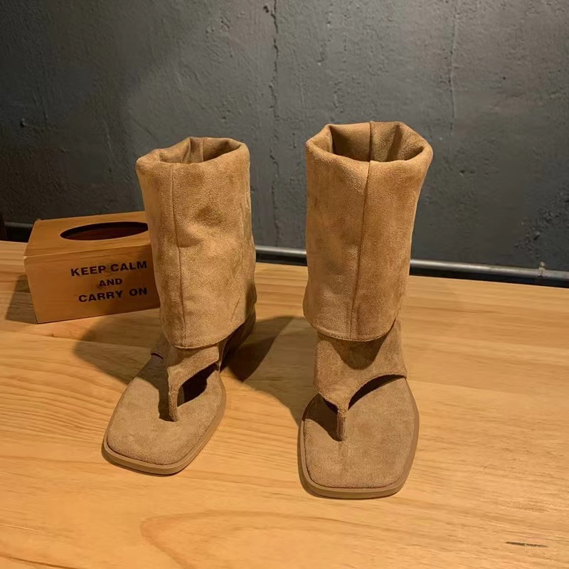 Hot Girls Khaki Black Suede Square Clip Toe Inner Height Increasing Belt Buckle Leisure Knee High Boots Women Summer Shoes