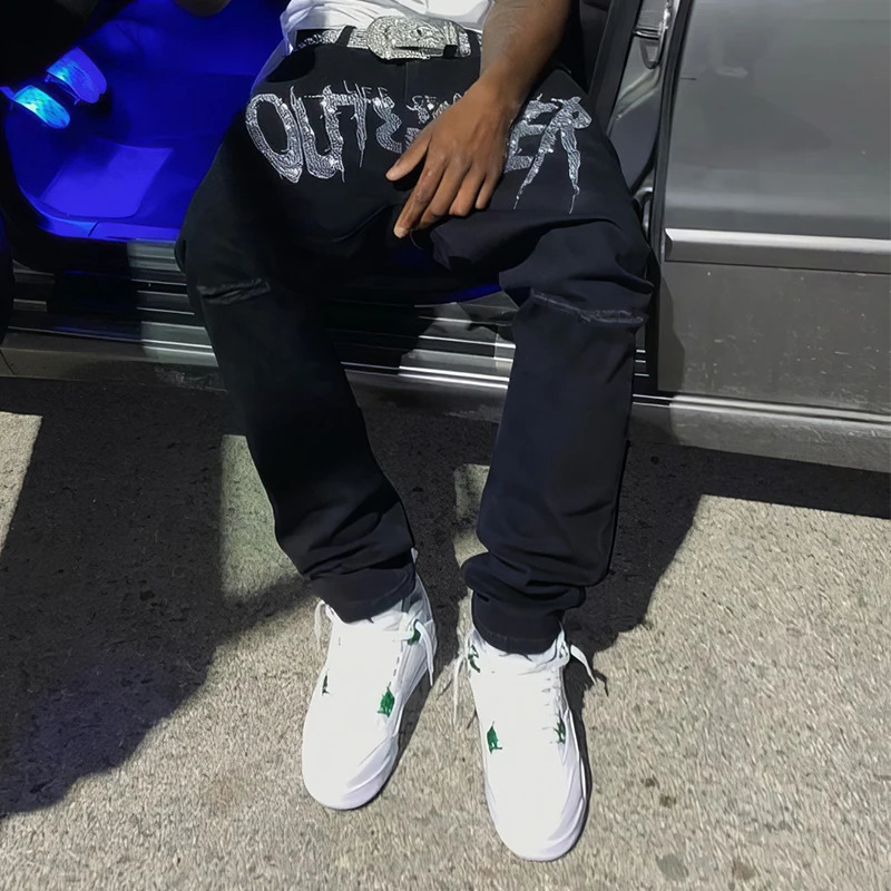 Men Black Stretch Slim Fit Hole Jeans High Quality Moto Trousers Streetwear Denim Pencil Pants Y2k 240826Z