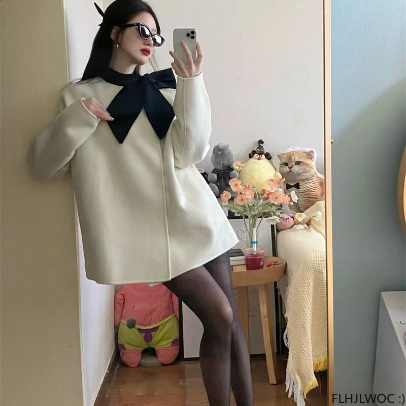 Cute Long Coat Robe Outerwear Retro Vintage Preppy Chic Korea Japan Style Woolen Blends Bow Tie Coats Winter Spring 240830