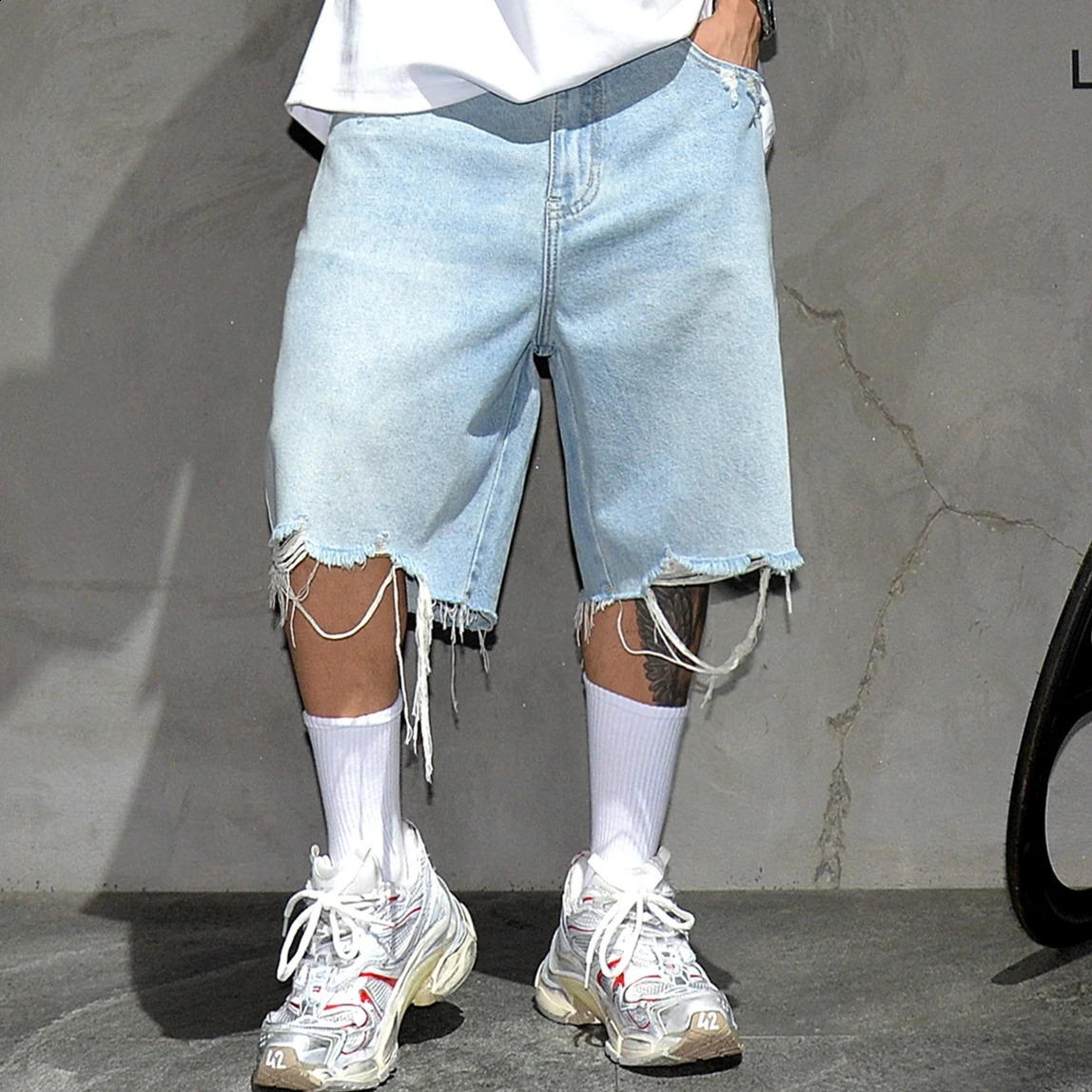 Rough American streetwear Selvedge ripped Jorts Korean hiphop blue denim shorts trend mens summer skateboarding jeans 240830