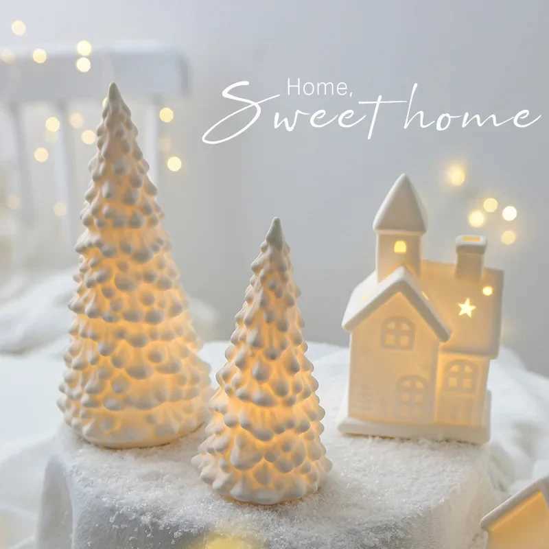 Decorations Nordic Creative Ceramic Tree Desktop Ornaments Glowing Little House Snowman Christmas Gift Q240829