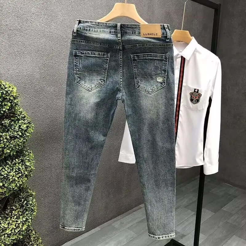 Korean y clothing mens slim fit open top casual jeans Spring and Autumn retro tight 240830