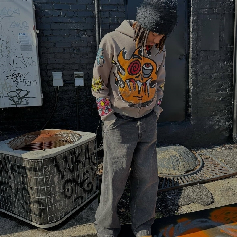 American Retro Street Hip Hop Pattern Print Men Hoodie Y2k Gothic Punk Oversized Women Streetwear Pullover Harajuku Sweatshirt 240830