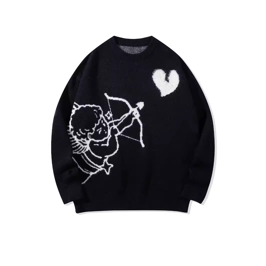 Oversize Color Contrasting Cartoon Knitted Design Versatile Casual Sweater for Men and Women Couples