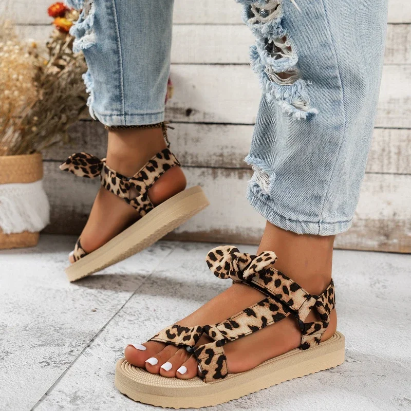 Women's Leopard Print Bow Sandals Summer Fashion Thick Soled Outdoor Beach Slippers Trend Flat Casual Shoes Lightweight