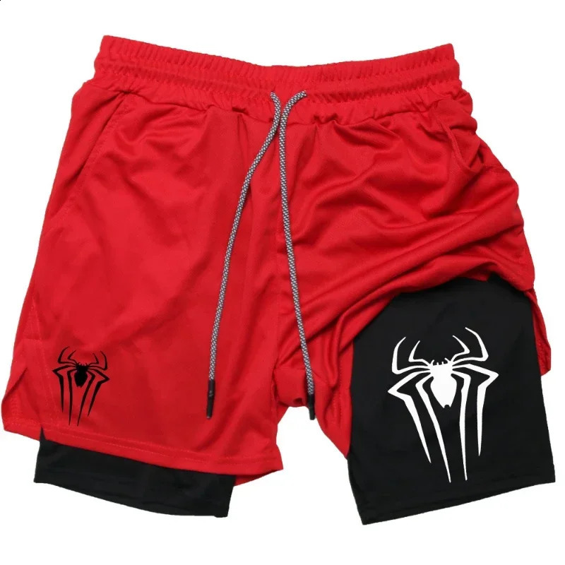 Mens spider print gym casual sports compression shorts run mesh 2in1 men clothing streetwear pants 240830