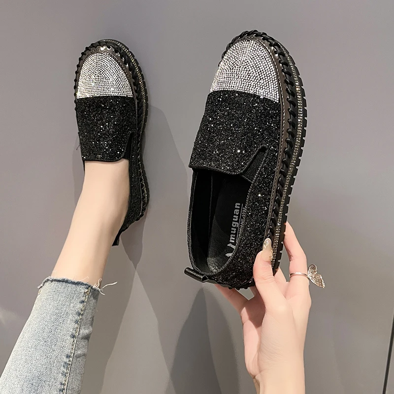 Luxury Women Flats Rhinestone Bling Sewing Platform Loafers Slip on Sewing Shallow Fashion Casual Shoes Ladies Footwear