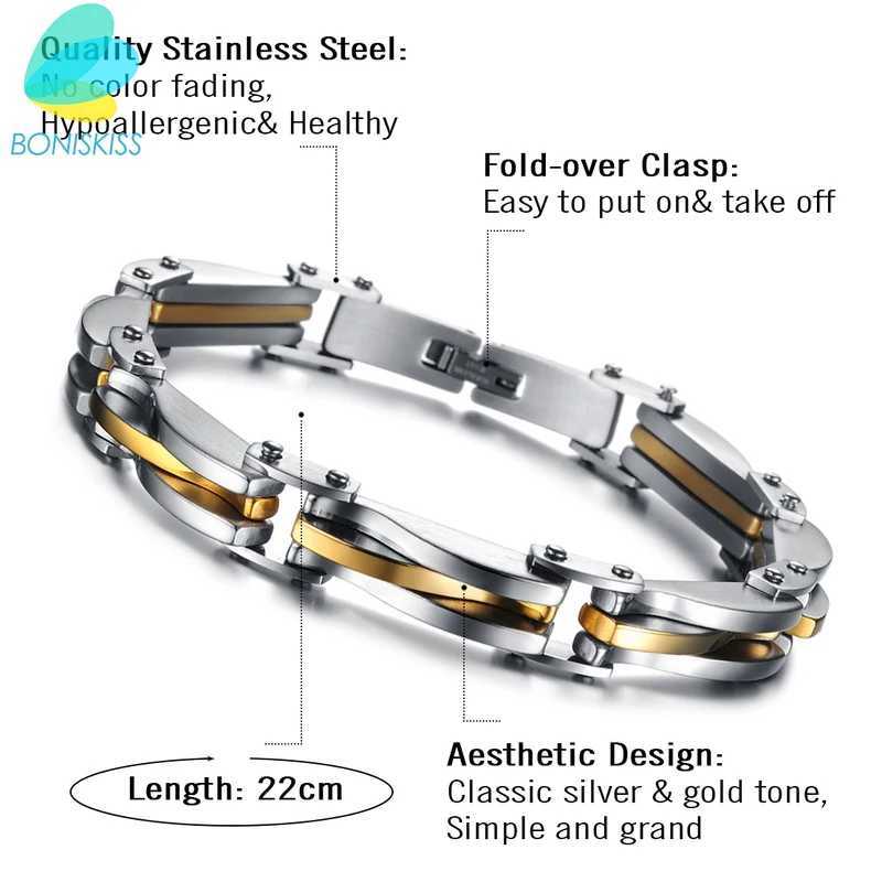 BONISKISS Mens Stainless Steel Double tone Diamond Cool Chain Bracelet Cuff Gold/Silver Colored Wristband Jewelry Christmas Gift W240830