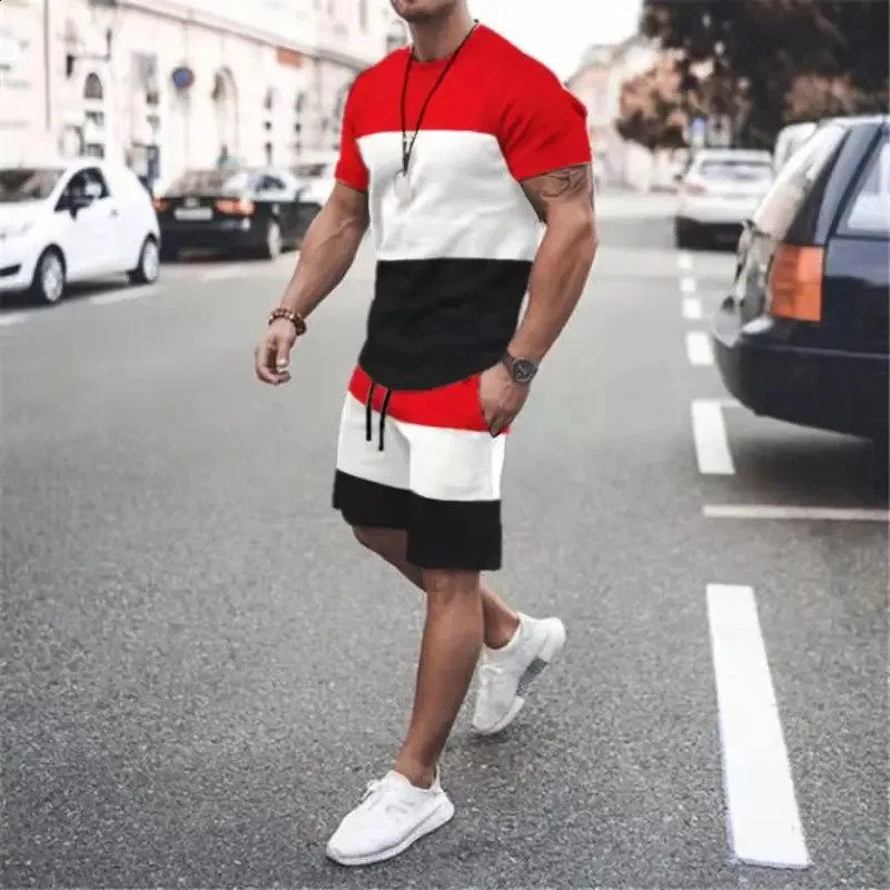 Striped Men Tracksuit Sets Fashion Casual Short Sleeve Tshirts 2 Piece Outfits Streetwear Jogger 3D Printed Sports Suit 240830