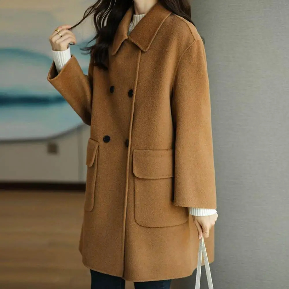 Trendy Pocket Solid Color Non-Fading Fashionable Women Mid-Long Winter Woolen Coat Women Winter Coat Decorative 240830