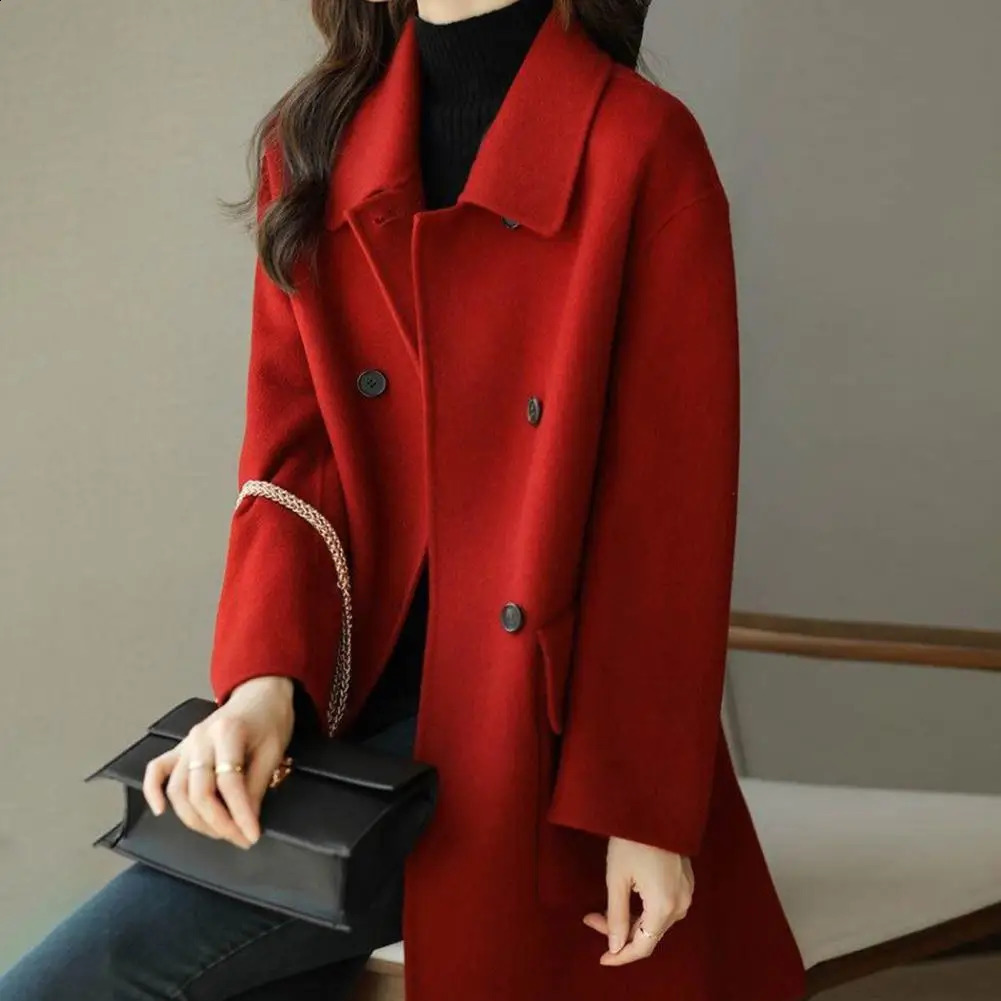 Trendy Pocket Solid Color Non-Fading Fashionable Women Mid-Long Winter Woolen Coat Women Winter Coat Decorative 240830