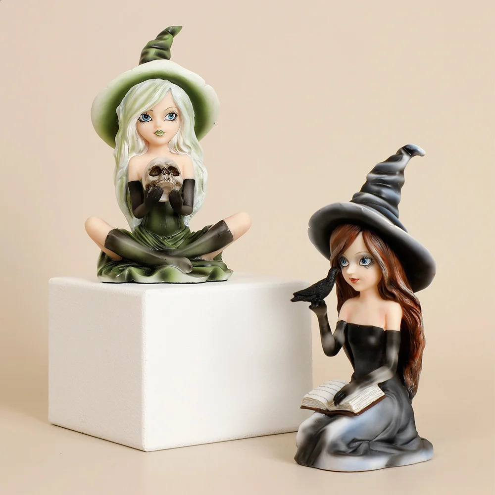 Witch Figurine with owl Halloween Decor Cat Witch Statue Black Cat Statue Witch home Decoration Sculpture Fairy Figure Gift 240830