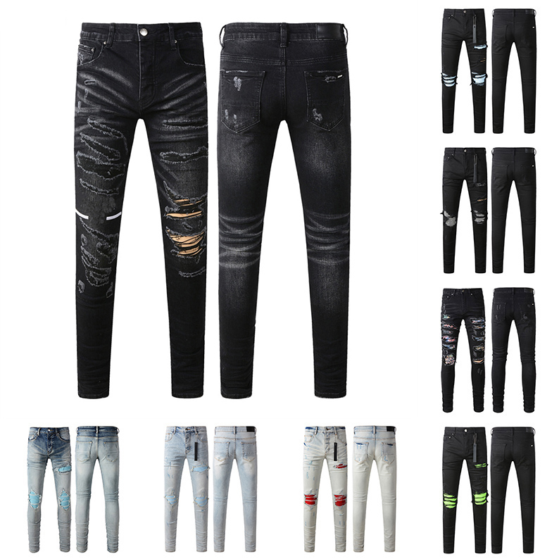 Mens Flared Designer Denim Jeans - Stacked Style with Distressed Holes & Streetwear Fit