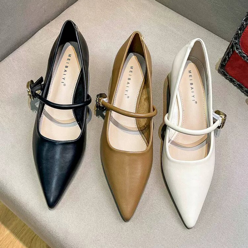 2024 Woman Elegant Summer French Pointed Toe Mary Janes Casual Chunky Heels Female Retro Low Heeled New Women Shoes Q130
