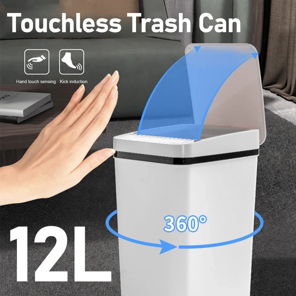 12L Smart Trash Can Automatic Touchless Garbage Kitchen Bedroom Bin Toilet Bucket SpaceSaving Waterproo 240830