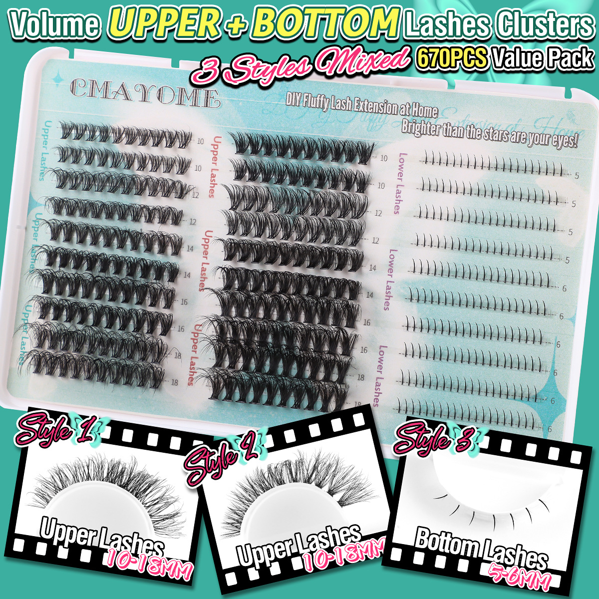 Individual Eyelashes Cluster Lashes Kit - 670Pcs Complete Set of Upper and Bottom Lash Bundles Reusable Segmented Eyelash Extension Kit Grafted Lashes