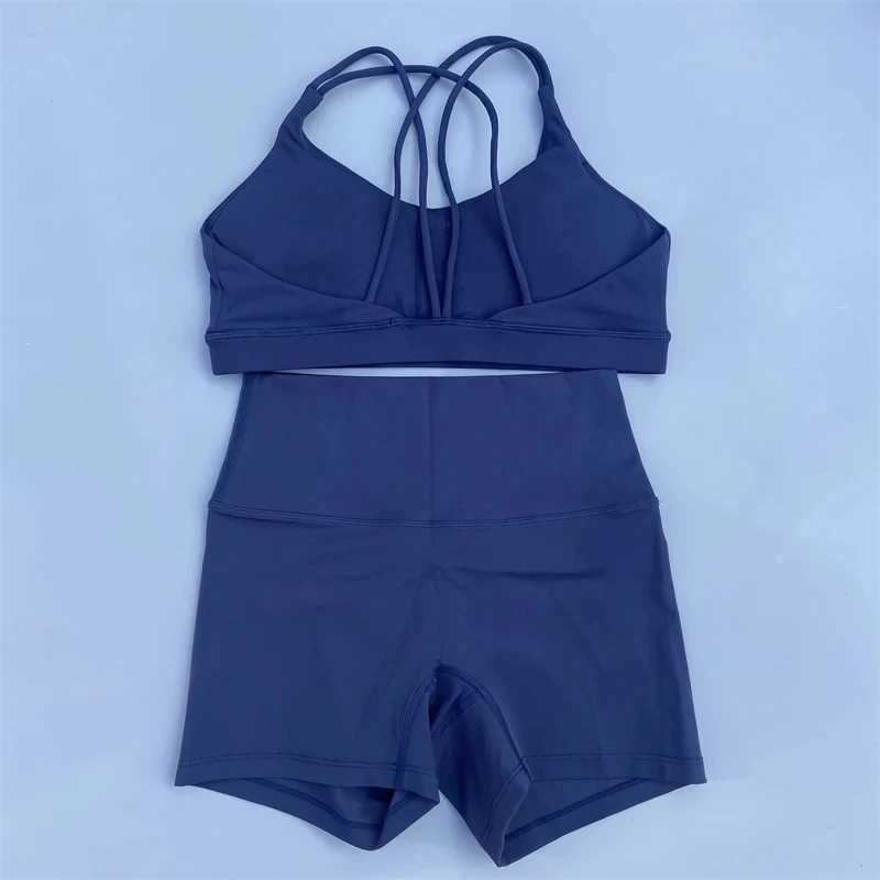 Solid color fitness bike yoga set short leg+cross sports bra sportswear womens gym set comprehensive training joggingW250411