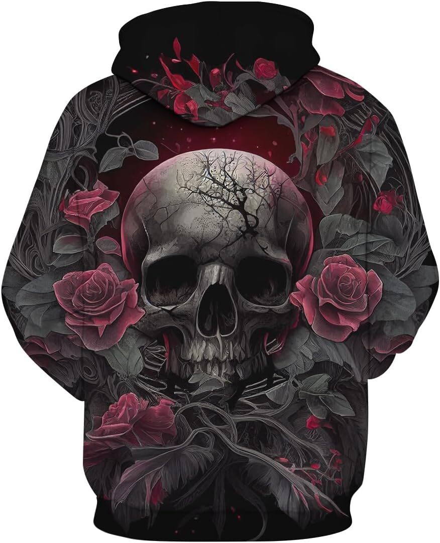 Halloween Hoodie for Mens Womens Rose Skull Printed Hoodie For Men Novelty Graphic Hoodies Fashion Pullover With Pocket Graphic Pullover Long Sleeve