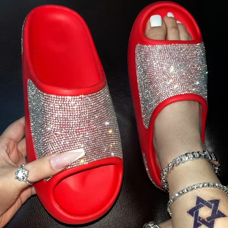 Women Slides Fashion Platform Rhinestone Decor Slide Sandals Outdoor Non-slip Beach Sandals 2024 Summer New Women Slippers