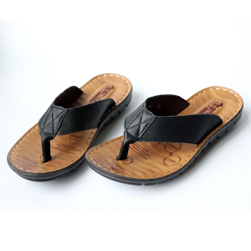 Men's Leather Flip ps Shoes Outdoor Beach Casual Slippers Trend Flat Non-slip Clip Toe Sandalias Large New Size 72a5