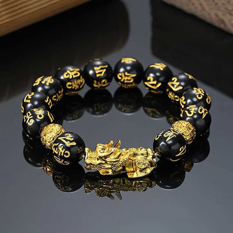 Feng Shui Obi Sidia Stone Bead Bracelet for Men and Women Gold Pixiu Black Six Character Proof of Wealth and Good Luck W241231