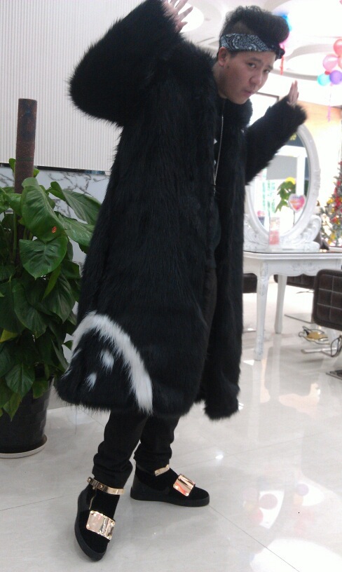 Celebrity Same Style Flower Face Robe Fashion Splicing Coat Fox Hair Male Imitation Fur Coat Windcoat