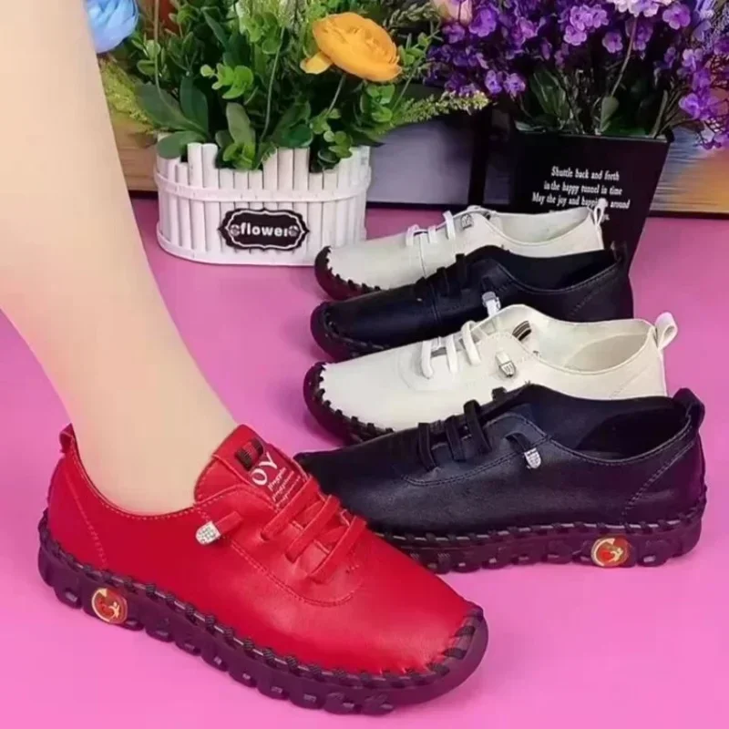 2025 NEW Vintage Women Breathable Shoes Platform Loafers Lace Up Leather Hollow Slip On New Fashion Casual Mom Shoe atos Mujer