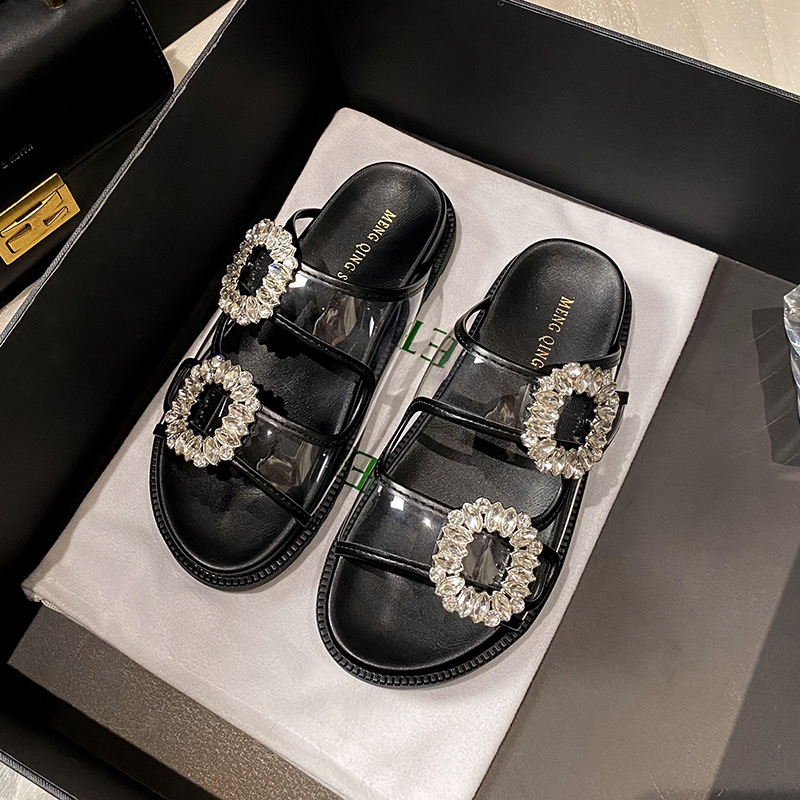 2025 Woman Slippers Clear Band Crystal Buckle Shoes Ladies Flipps Home Femmes Flats Summer Transparent Slides Sandali 4b20