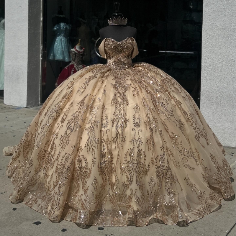 Champagne Mexican Quinceanera Dressess Off The Shoulder Applique Beads Crystal Tull vestido 15 quinceaneras Corset Lace Up Sweet 16
