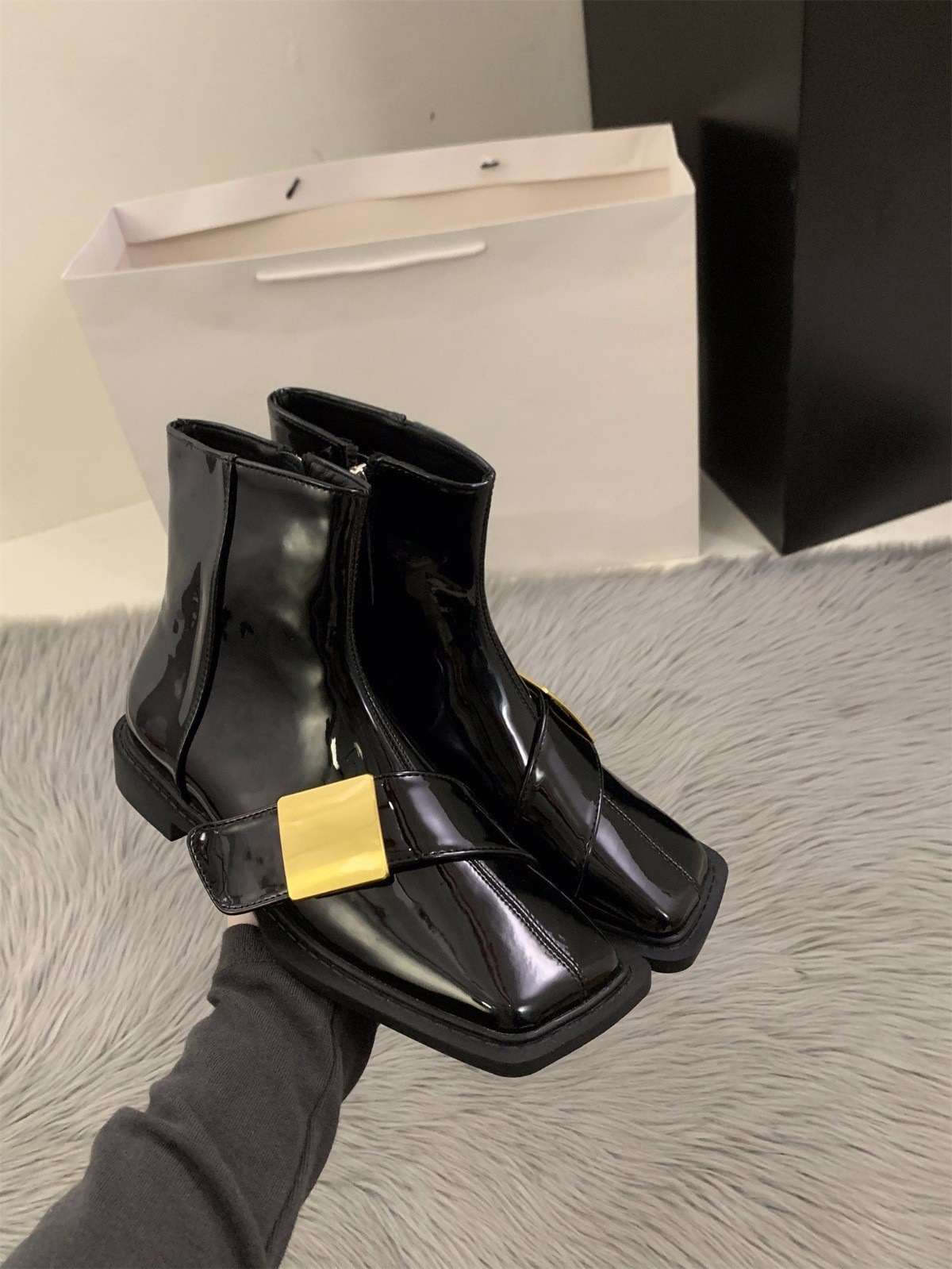 Women's flat bottomed square toe black British style Martin boots 241116