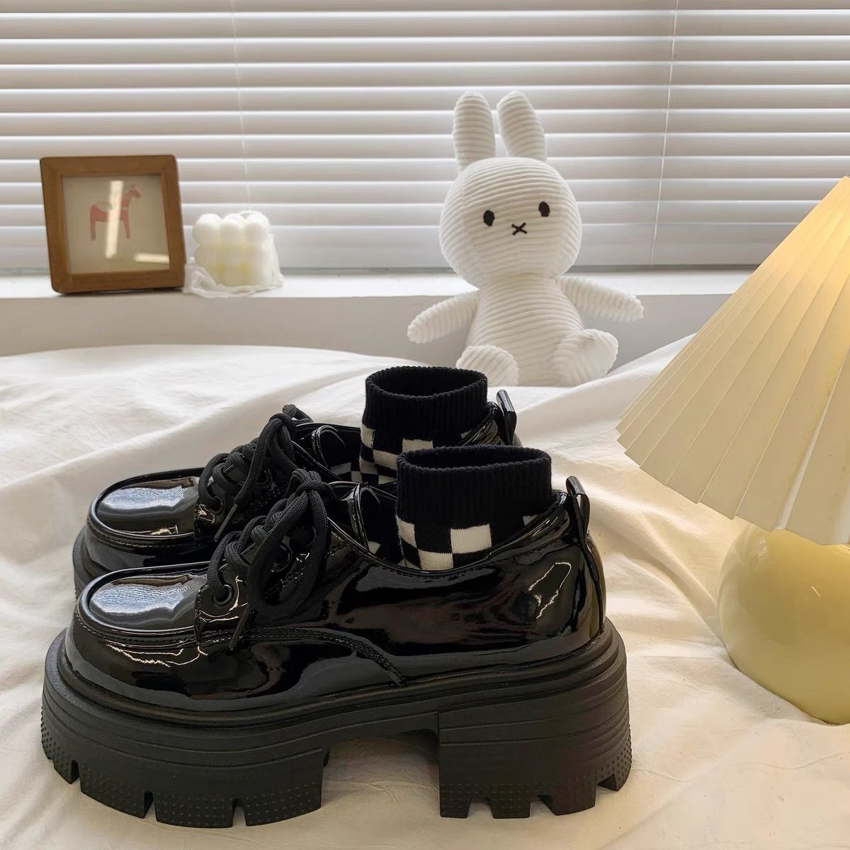 Women's black lace up thick soled single shoe fashionable Mary Jane small leather shoes 241115