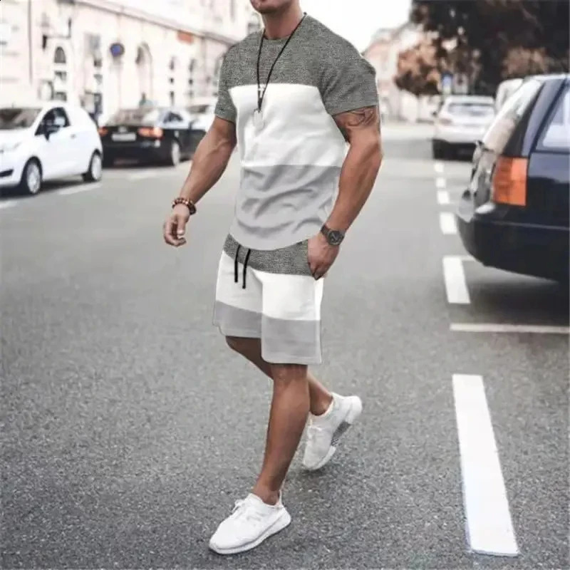Striped Men Tracksuit Sets Fashion Casual Short Sleeve Tshirts 2 Piece Outfits Streetwear Jogger 3D Printed Sports Suit 240830
