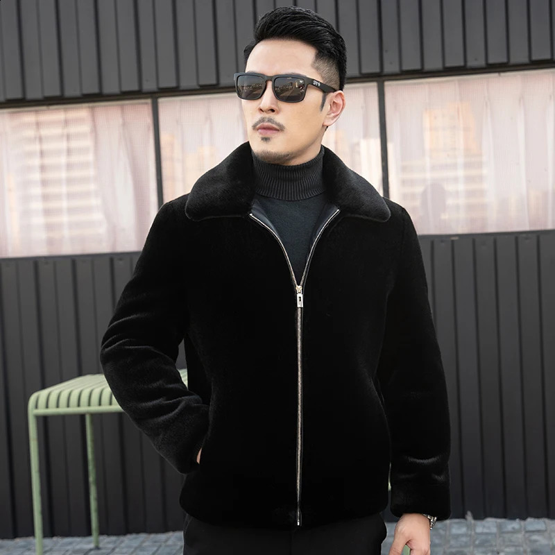 YN-217 autumn and winter natural mink wool thick coat mens high-end leather coat fashionable casual polo neck jacket 240830
