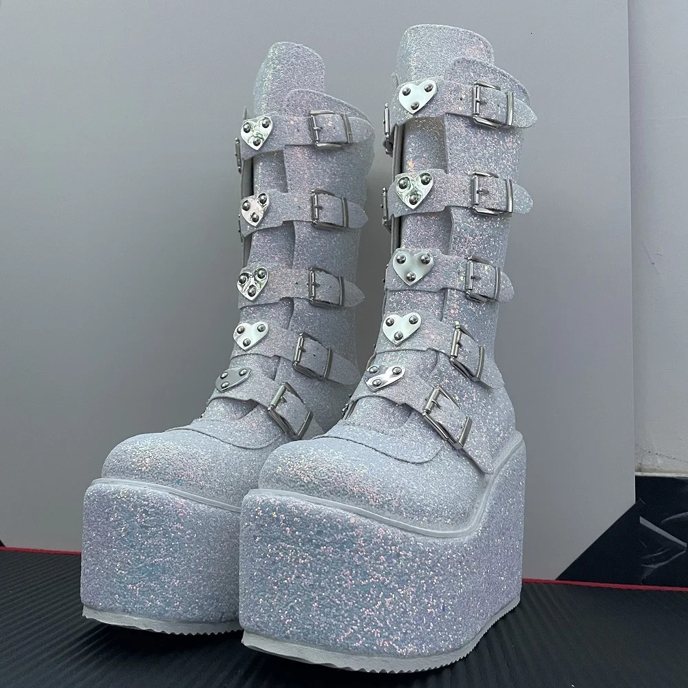 2024Brand Fashion Gothic Street Cool Wedges Woman Shoes Buckles Big Size 43 Glittered Pink Chunky Platform Motorcycles Boots