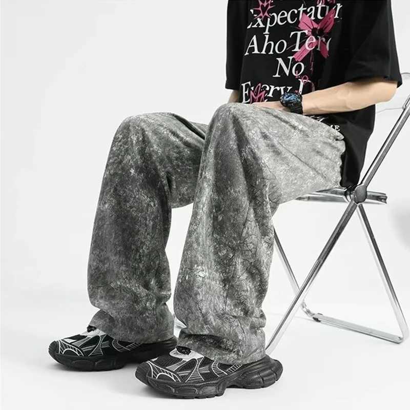 Men's Pants 2024 Goth Tie-dye Corduroy Pants Mens Autumn Baggy Wide-leg Straight Casual Trousers Women Drawstring Hip Hop Y2K Sweatpants Y240830A