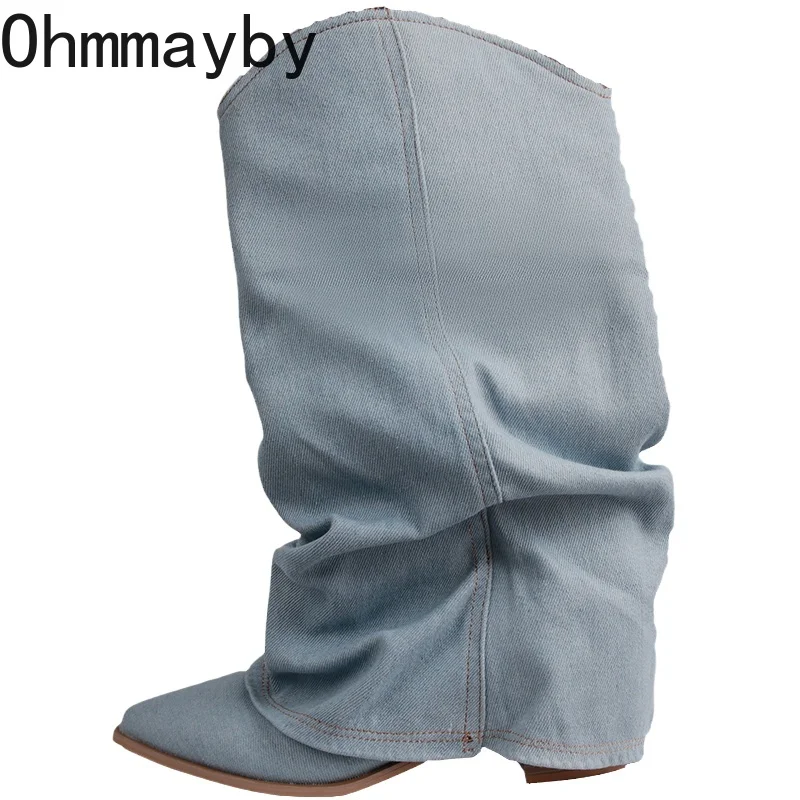 Western Women Cowboy Boots Fashion Slip On Thick Heel Long Booties Retro Style Autumn Winter Female Denim Shoes ac64
