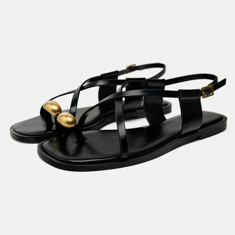 Flat Sandals for Women 2024 Summer - Metal Decor Cross Strap Breathable Ladies Footwear 4
