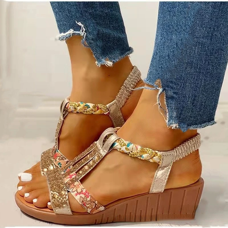 Women Wedge Sandals Summer Bohemia Casual High Heels Sandals Fashion Female Peep Toe Rhinestones Outdoor Beach Shoes