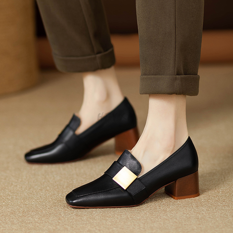 Leather Women Fashion Pumps Square Toe Thick Heel Mary Jean Slip On Elegant temperament Daily New Shoes Handmade 4f38