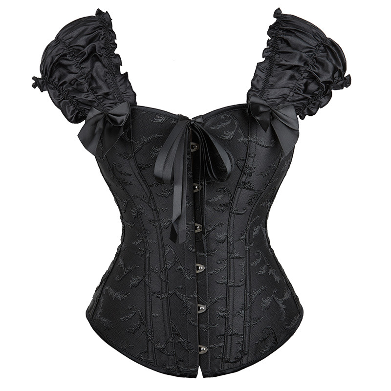 Elegant Women's Victorian Corset Dress Brocade Jacquard Steel Bones Bridal Underbust Bodice with Puff Short Sleeves Available in White & Black Sm